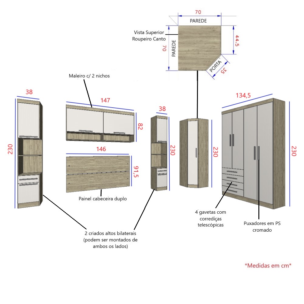 Guarda Roupa Dormitório Modulado Master Casal 1,38 m Canto - Avelã Rústico e Areia - Luciane M04