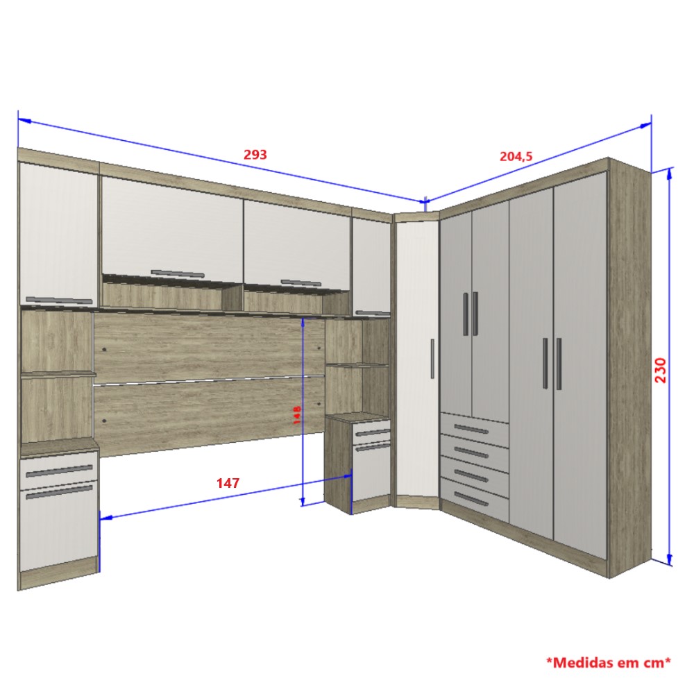 Guarda Roupa Dormitório Modulado Master Casal 1,38 m Canto - Avelã Rústico e Areia - Luciane M04