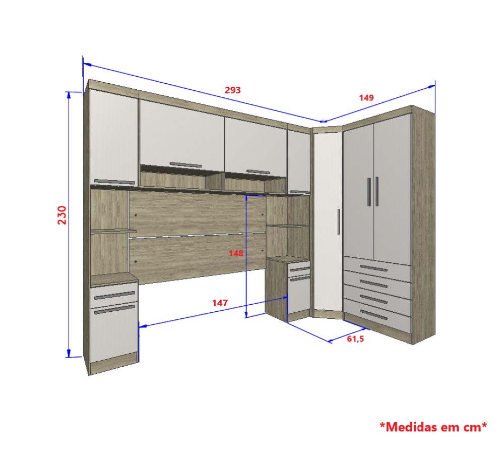 Guarda Roupa Dormitório Modulado Master Casal 1,38 m Canto - Avelã Rústico e Areia - Luciane M05