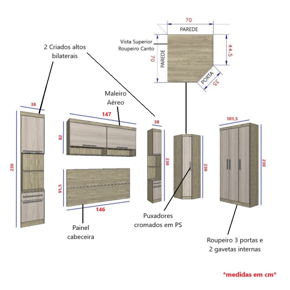Guarda Roupa Dormitório Modulado Master Casal 1,38 m Canto - Avelã e Ártico Rústico - Luciane M17