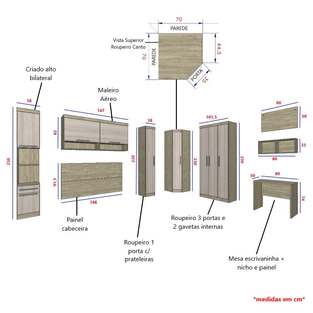 Guarda Roupa Dormitório Modulado Master Casal 1,38 m Canto c/ Mesa Escrivaninha e Nicho - Luciane M15