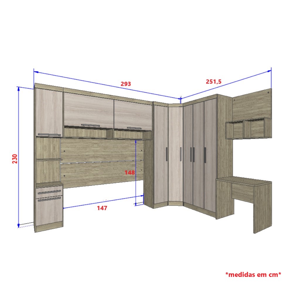 Guarda Roupa Dormitório Modulado Master Casal 1,38 m Canto c/ Mesa Escrivaninha e Nicho - Luciane M15