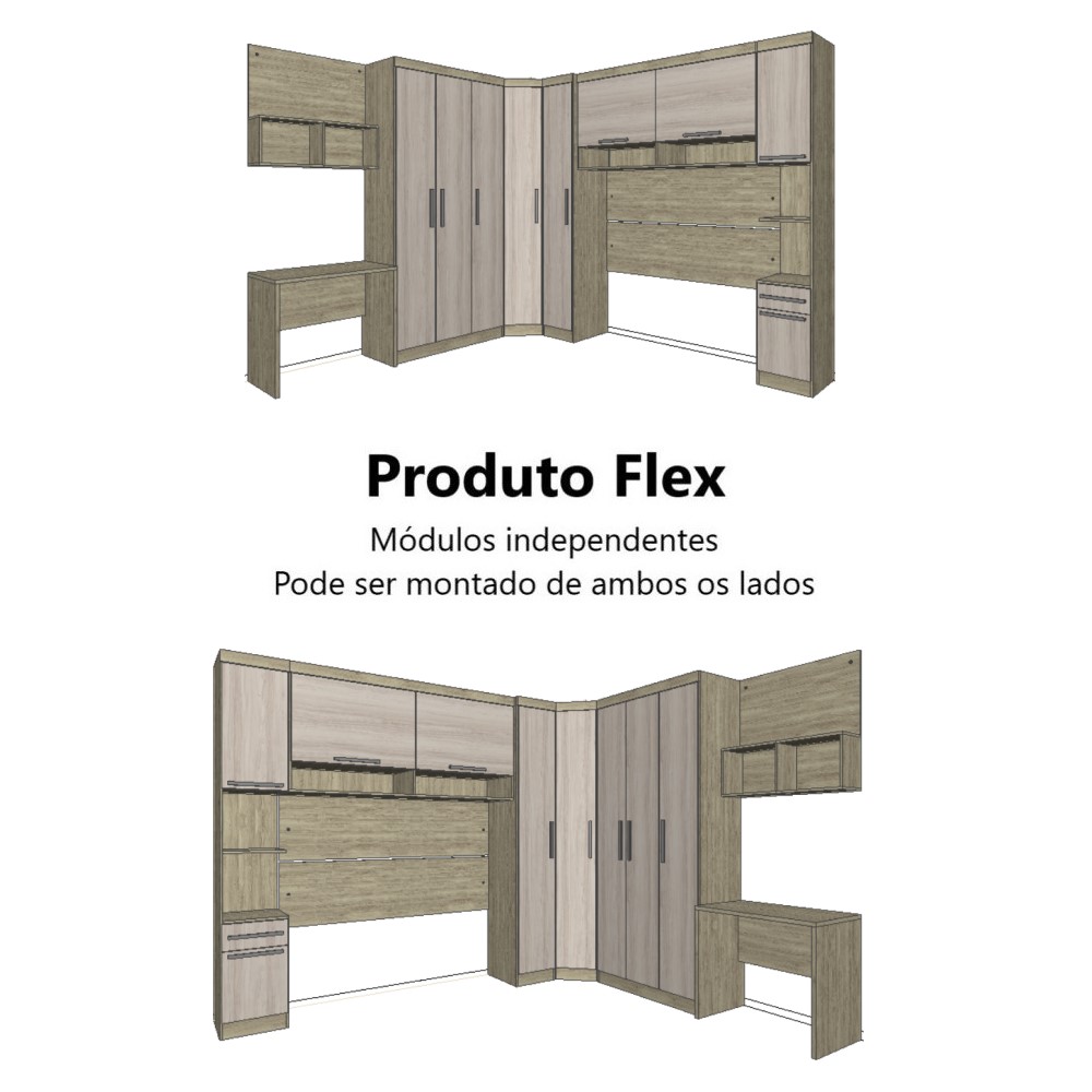 Guarda Roupa Dormitório Modulado Master Casal 1,38 m Canto c/ Mesa Escrivaninha e Nicho - Luciane M15