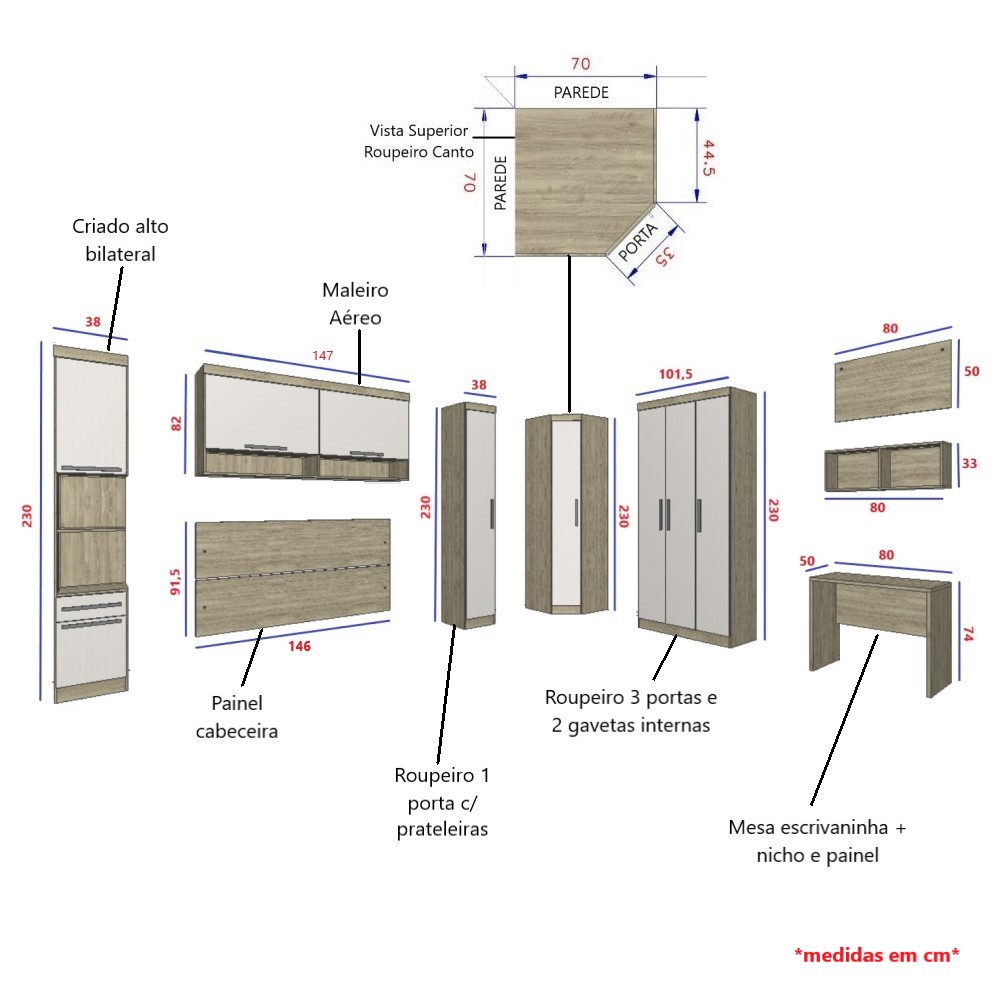Guarda Roupa Dormitório Modulado Master Casal 1,38 m Canto c/ Mesa Escrivaninha e Nicho - Luciane M15