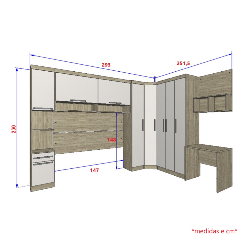 Guarda Roupa Dormitório Modulado Master Casal 1,38 m Canto c/ Mesa Escrivaninha e Nicho - Luciane M15