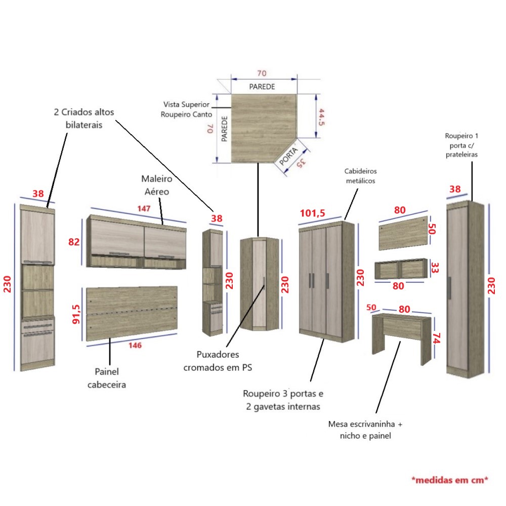 Guarda Roupa Dormitório Modulado Master Casal 1,38 m Canto c/ Mesa Escrivaninha e Nicho - Luciane M18