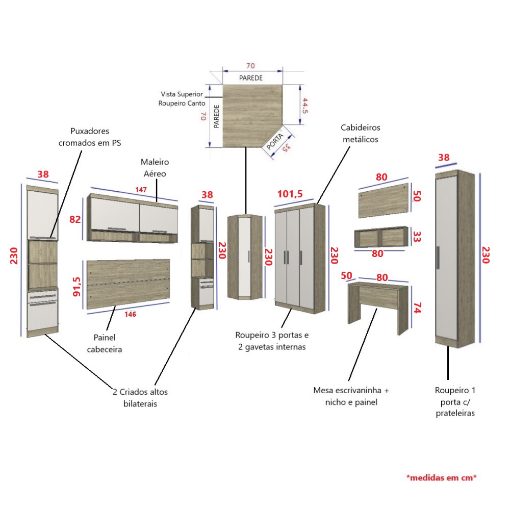 Guarda Roupa Dormitório Modulado Master Casal 1,38 m Canto c/ Mesa Escrivaninha e Nicho - Luciane M18