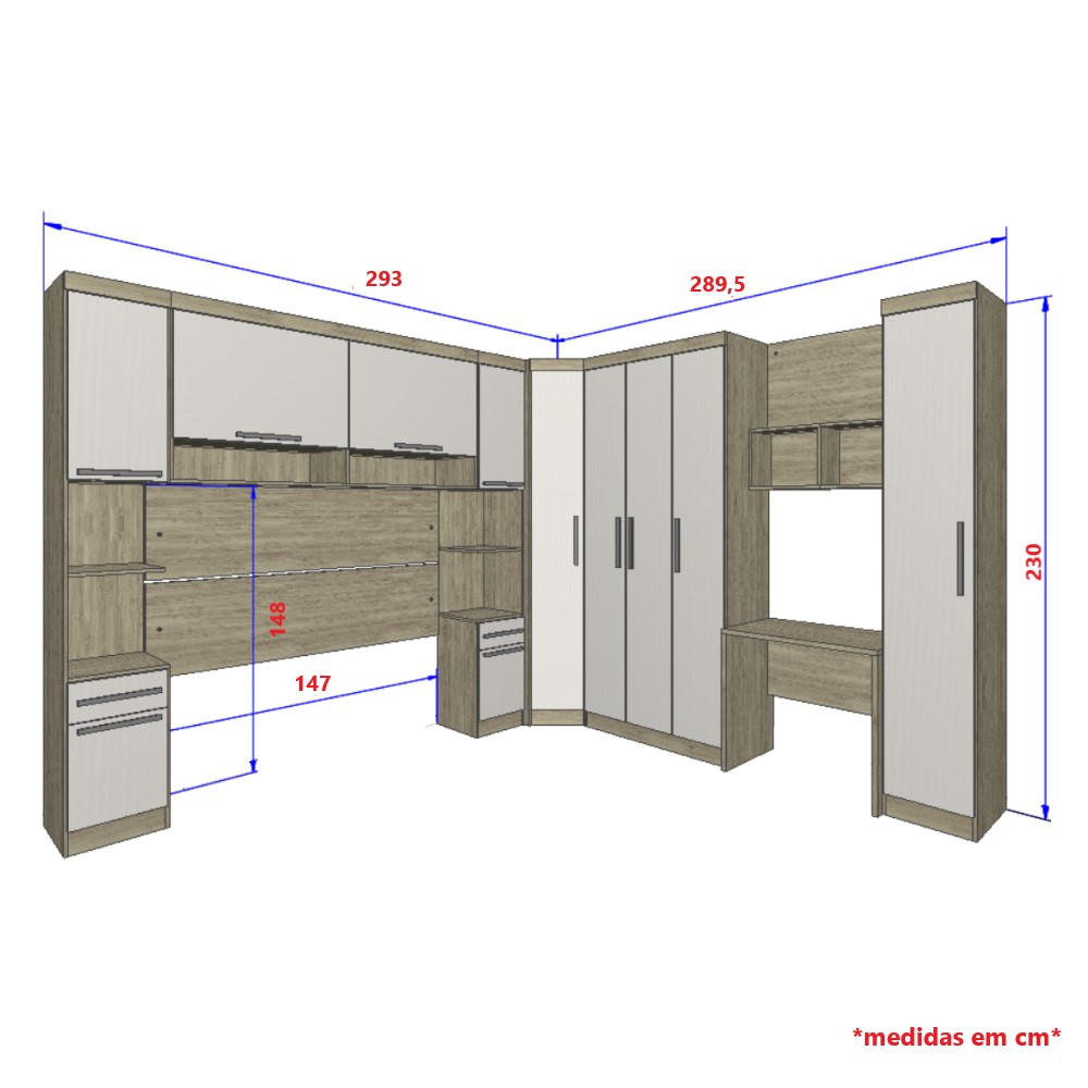 Guarda Roupa Dormitório Modulado Master Casal 1,38 m Canto c/ Mesa Escrivaninha e Nicho - Luciane M18