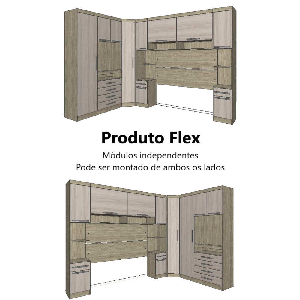 Guarda Roupa Dormitório Modulado Master Casal 1,38 m Canto c/ Painel Giratório p/ TV - Luciane M14
