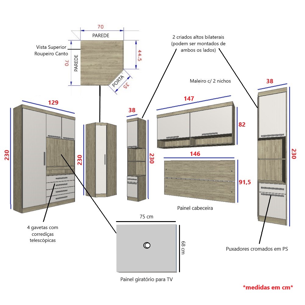 Guarda Roupa Dormitório Modulado Master Casal 1,38 m Canto c/ Painel Giratório p/ TV - Luciane M14