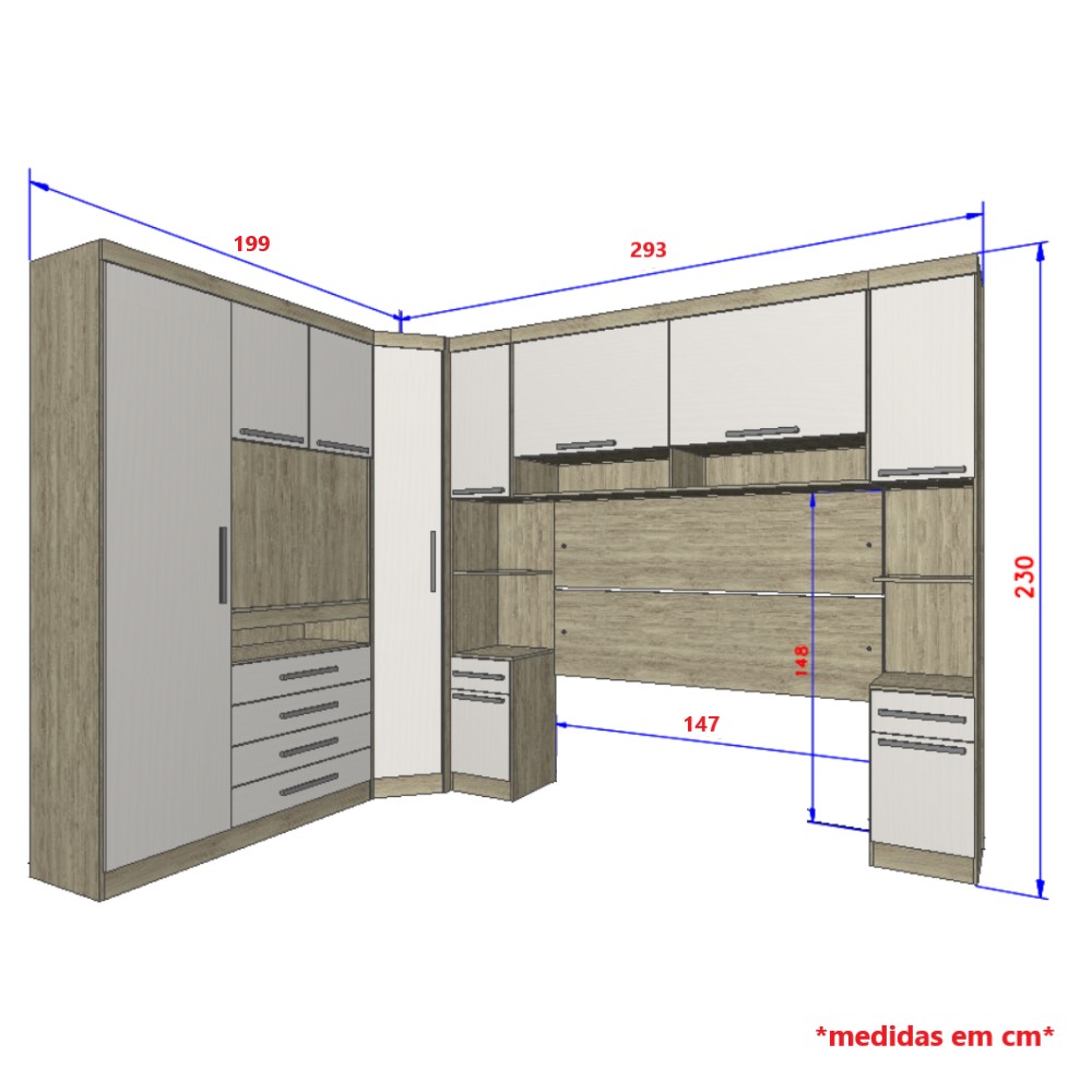 Guarda Roupa Dormitório Modulado Master Casal 1,38 m Canto c/ Painel Giratório p/ TV - Luciane M14