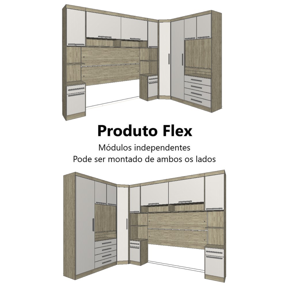 Guarda Roupa Dormitório Modulado Master Casal 1,38 m Canto c/ Painel Giratório p/ TV - Luciane M14