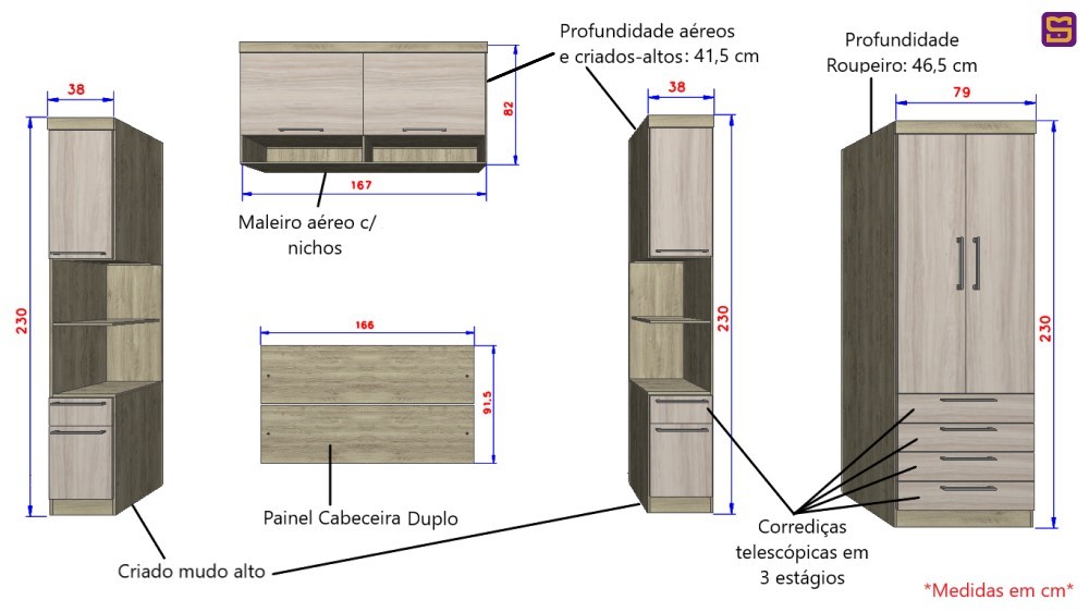 Guarda Roupa Dormitório Modulado Master Casal 1,58 m Queen - Avelã Rústico e Ártico Rústico - Luciane M01