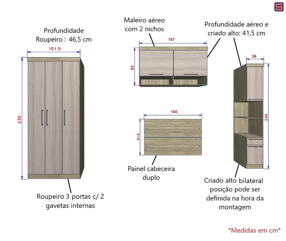 Guarda Roupa Dormitório Modulado Master Casal 1,58 m Queen - Avelã Rústico e Ártico Rústico - Luciane M03