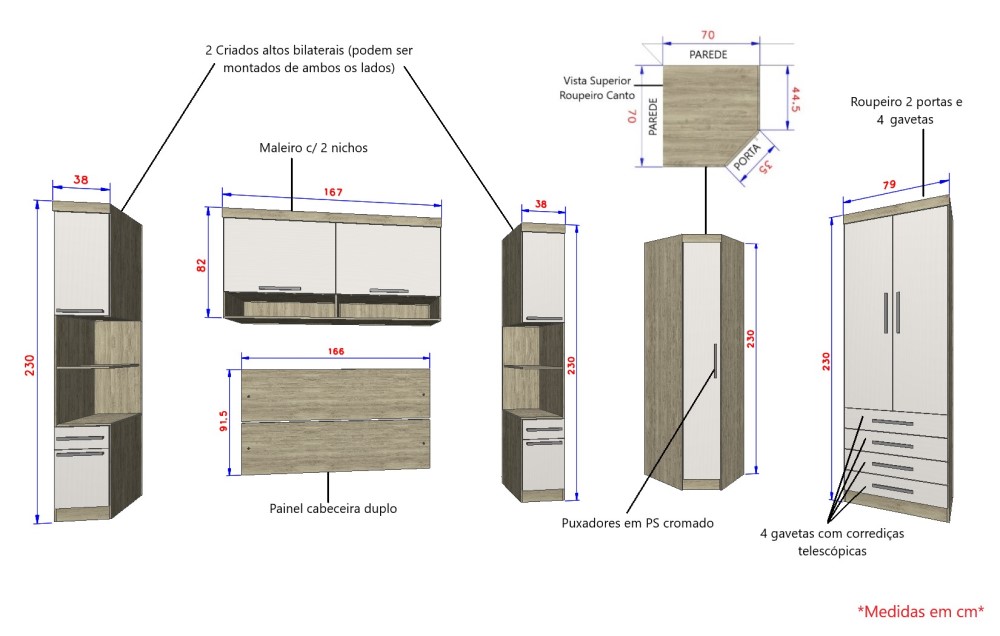 Guarda Roupa Dormitório Modulado Master Casal Queen 1,58 m Canto - Avelã Rústico e Areia - Luciane M05