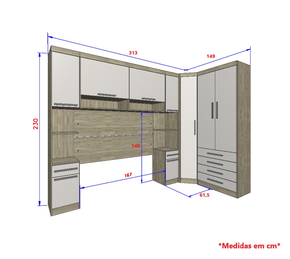 Guarda Roupa Dormitório Modulado Master Casal Queen 1,58 m Canto - Avelã Rústico e Areia - Luciane M05