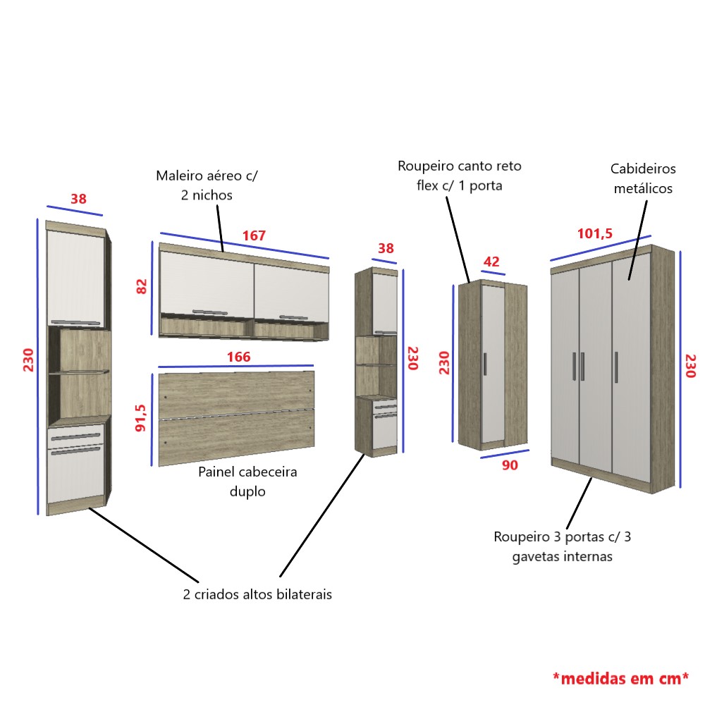 Guarda Roupa Dormitório Modulado Master Casal Queen 1,58 m Canto - Avelã Rústico e Areia - Luciane M19