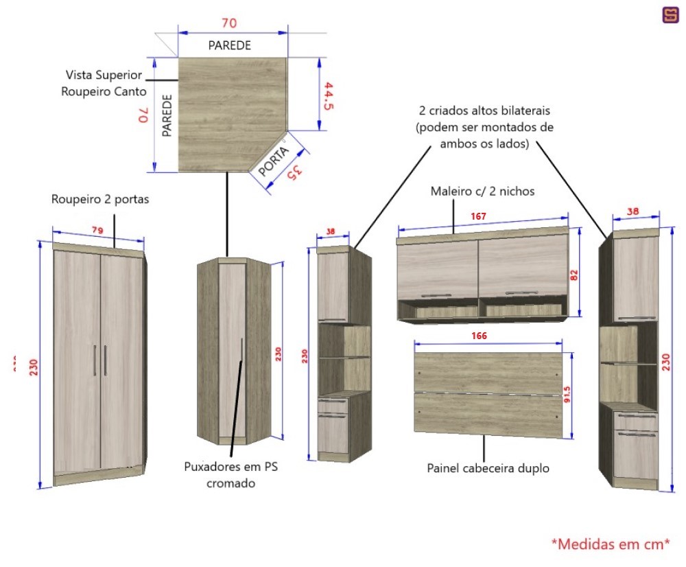 Guarda Roupa Dormitório Modulado Master Casal Queen 1,58 m Canto - Avelã Rústico e Ártico Rústico - Luciane M13
