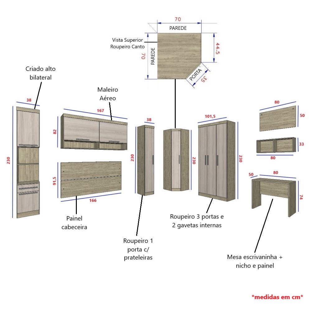 Guarda Roupa Dormitório Modulado Master Casal Queen 1,58 m Canto c/ Mesa Escrivaninha e Nicho - Luciane M15