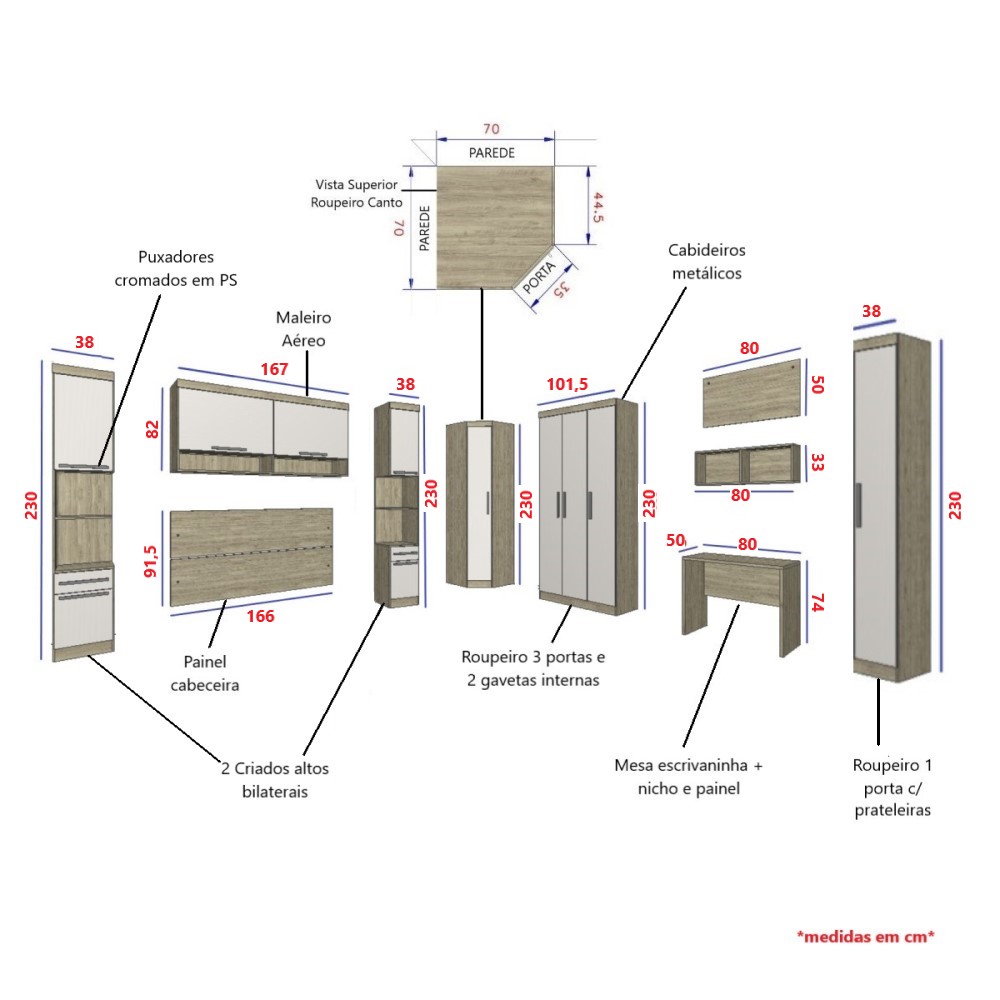 Guarda Roupa Dormitório Modulado Master Casal Queen 1,58 m Canto c/ Mesa Escrivaninha e Nicho - Luciane M18