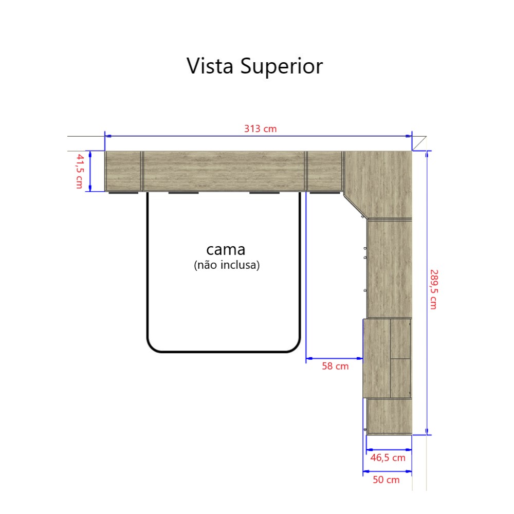 Guarda Roupa Dormitório Modulado Master Casal Queen 1,58 m Canto c/ Mesa Escrivaninha e Nicho - Luciane M18