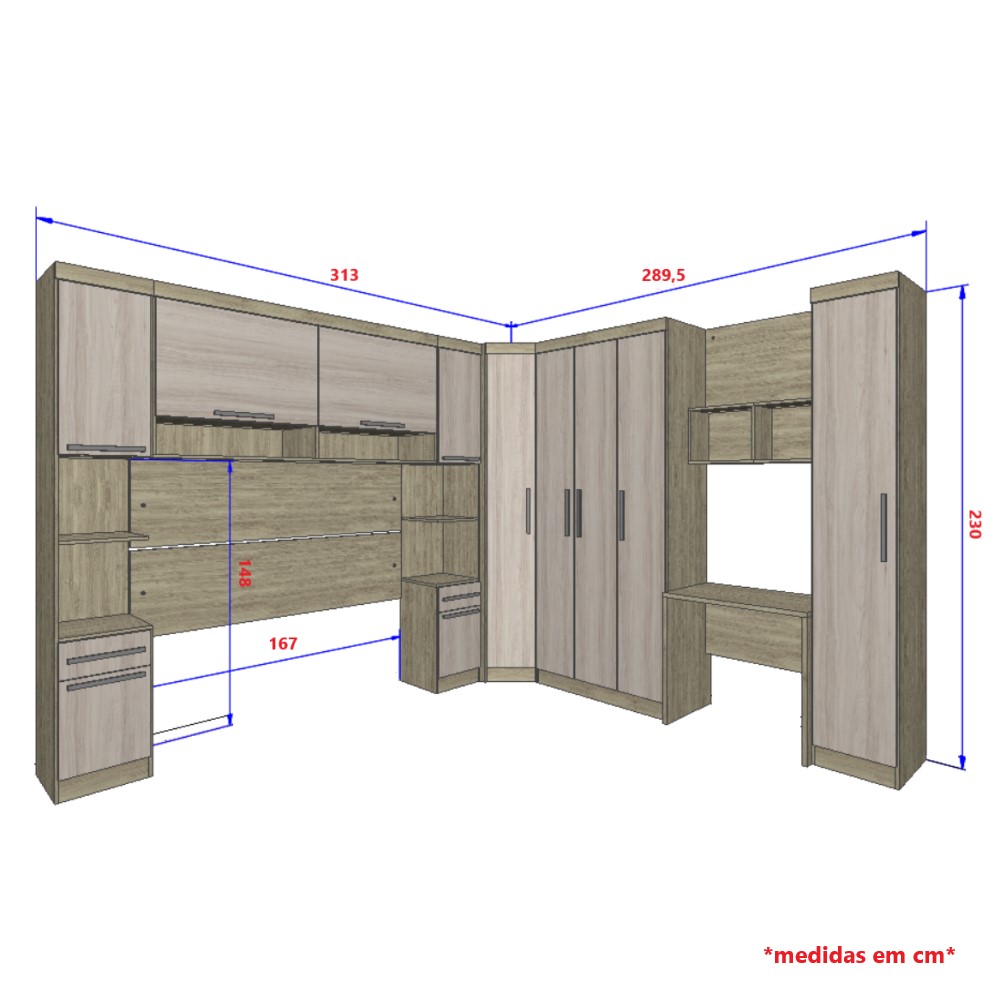 Guarda Roupa Dormitório Modulado Master Casal Queen 1,58 m Canto c/ Mesa Escrivaninha e Nicho - Luciane M18