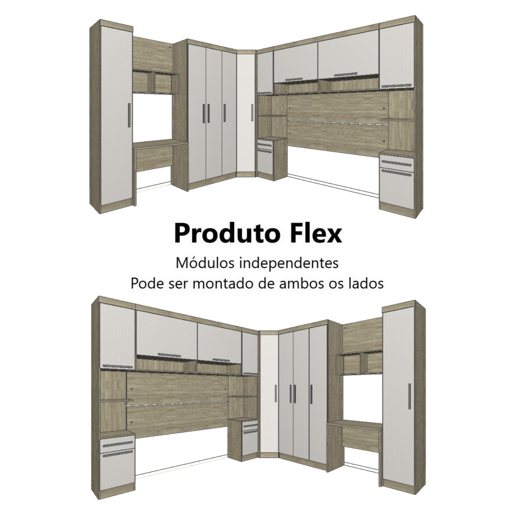 Guarda Roupa Dormitório Modulado Master Casal Queen 1,58 m Canto c/ Mesa Escrivaninha e Nicho - Luciane M18
