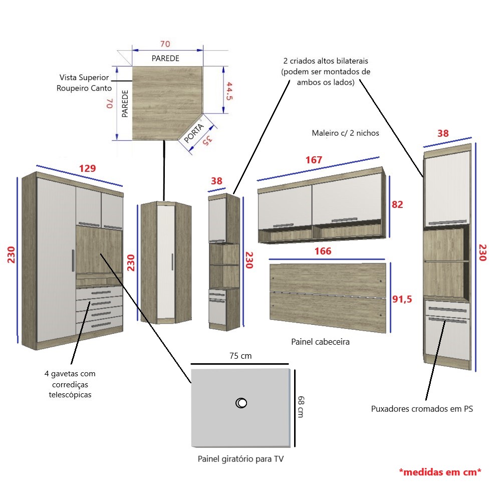 Guarda Roupa Dormitório Modulado Master Casal Queen 1,58 m Canto c/ Painel Giratório p/ TV - Luciane M14