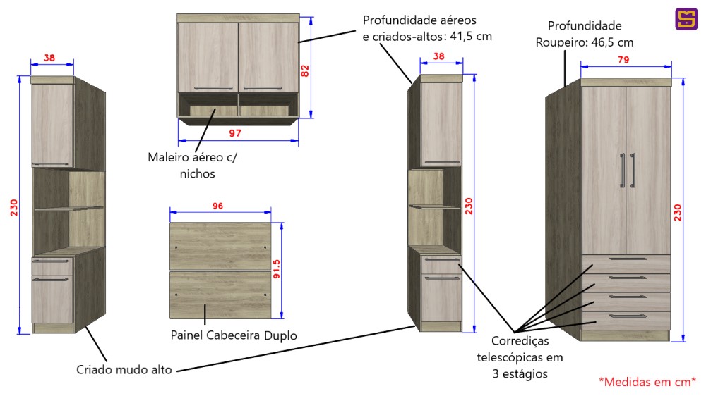 Guarda Roupa Dormitório Modulado Master Solteiro - Avelã Rústico e Ártico Rústico - Luciane M01