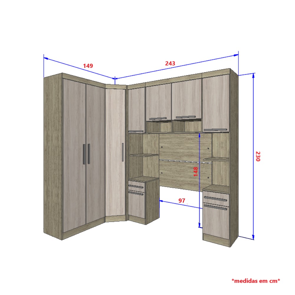 Guarda Roupa Dormitório Modulado Master Solteiro Canto - Avelã e Ártico Rústico - Roupeiro Luciane M05