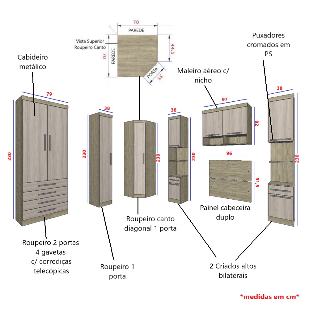 Guarda Roupa Dormitório Modulado Master Solteiro Canto - Roupeiro Luciane M02