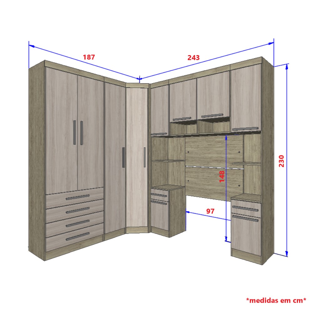 Guarda Roupa Dormitório Modulado Master Solteiro Canto - Roupeiro Luciane M02