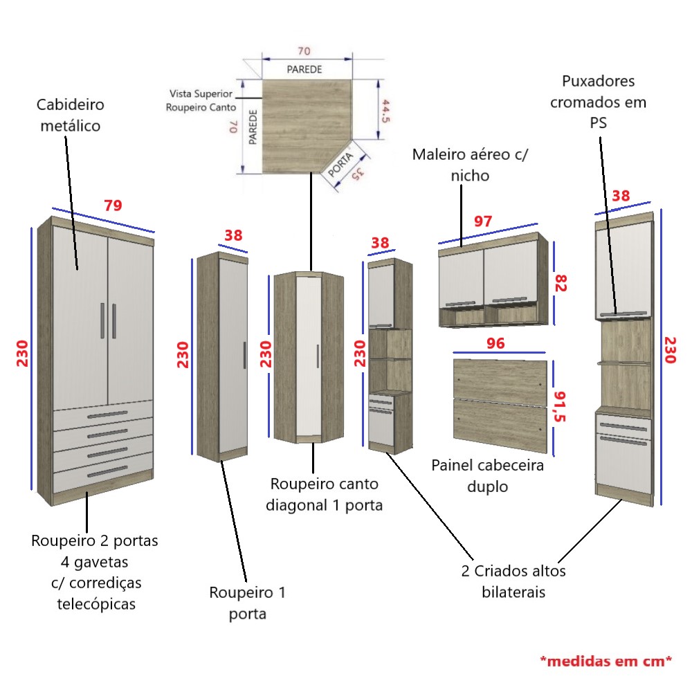 Guarda Roupa Dormitório Modulado Master Solteiro Canto - Roupeiro Luciane M02