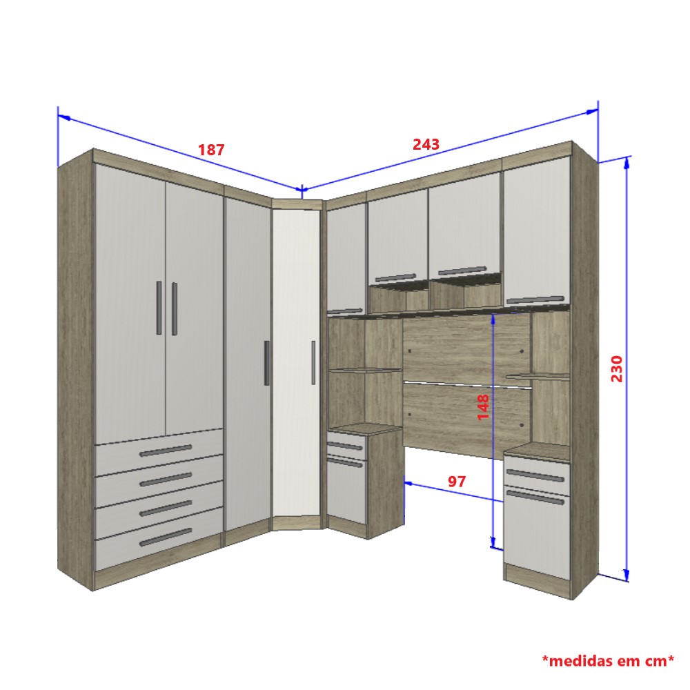 Guarda Roupa Dormitório Modulado Master Solteiro Canto - Roupeiro Luciane M02