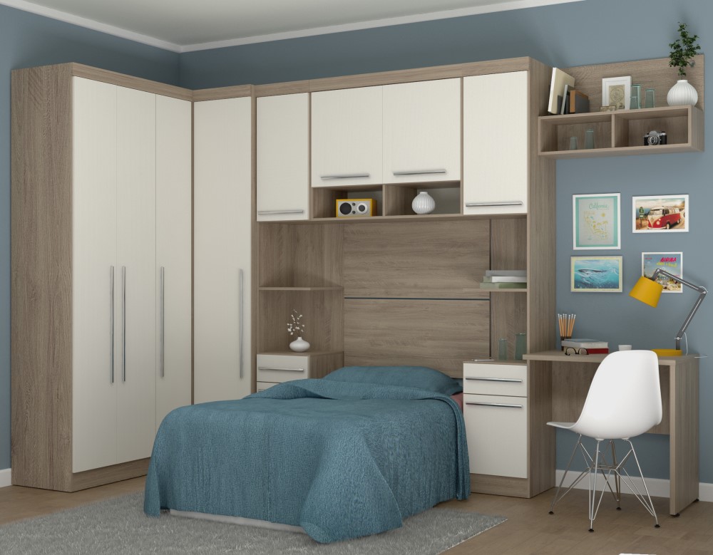 Guarda Roupa Dormitório Modulado Master Solteiro Canto c/ Mesa Escrivaninha Nicho - Avelã Rústico e Areia - Luciane M03