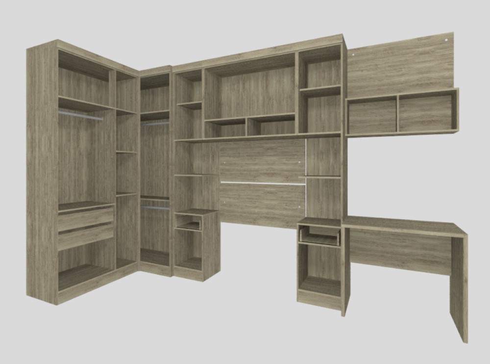 Guarda Roupa Dormitório Modulado Master Solteiro Canto c/ Mesa Escrivaninha Nicho - Avelã Rústico e Areia - Luciane M03
