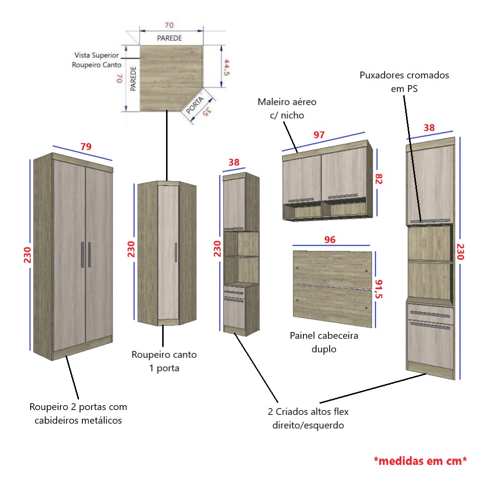 Guarda Roupa Dormitório Modulado Master Solteiro Canto c/ Mesa Escrivaninha Nicho - Avelã Rústico e Areia - Luciane M03
