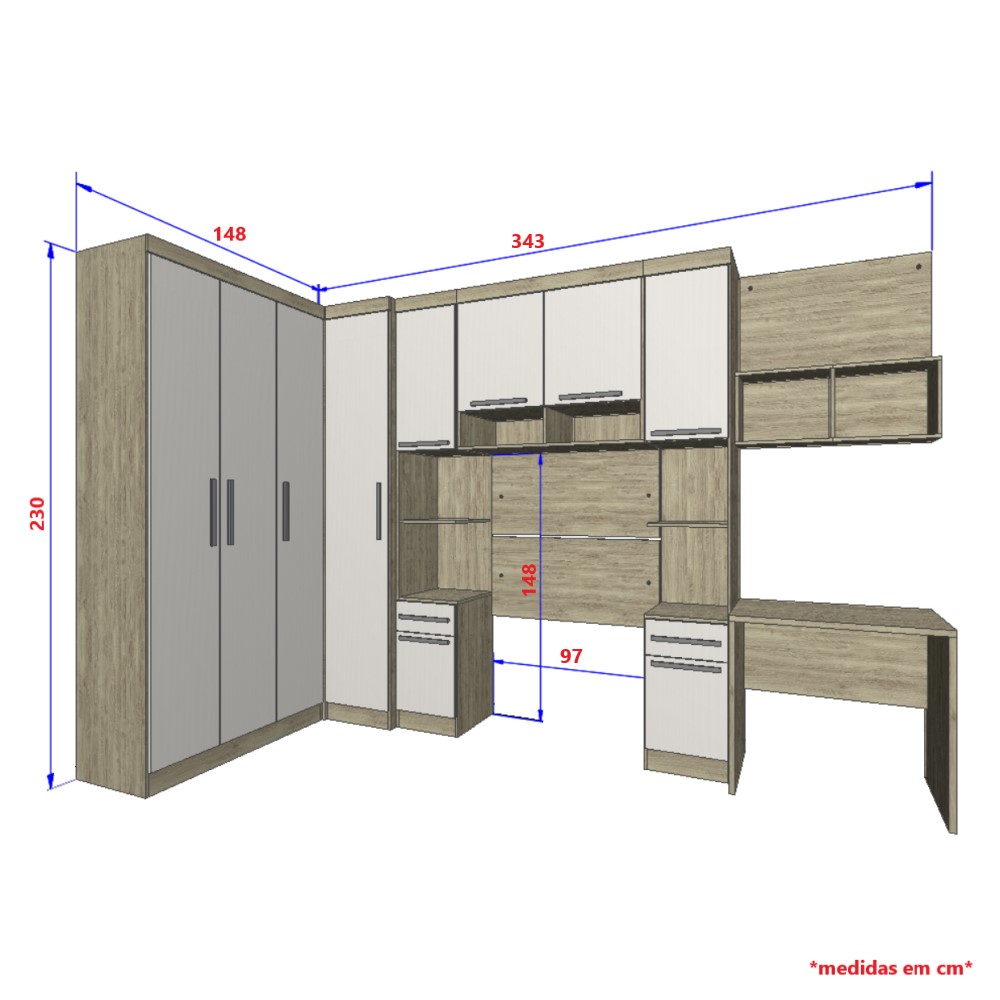 Guarda Roupa Dormitório Modulado Master Solteiro Canto c/ Mesa Escrivaninha Nicho - Avelã Rústico e Areia - Luciane M03