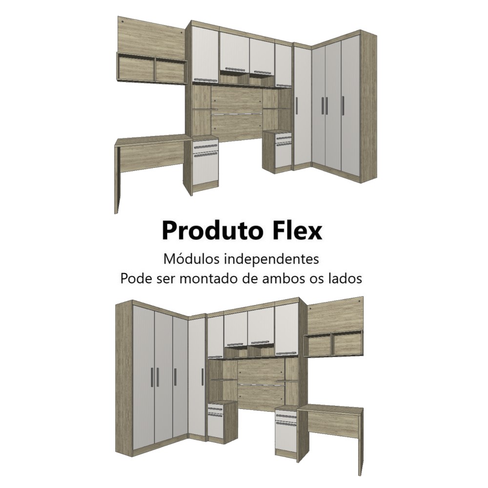 Guarda Roupa Dormitório Modulado Master Solteiro Canto c/ Mesa Escrivaninha Nicho - Avelã Rústico e Areia - Luciane M03
