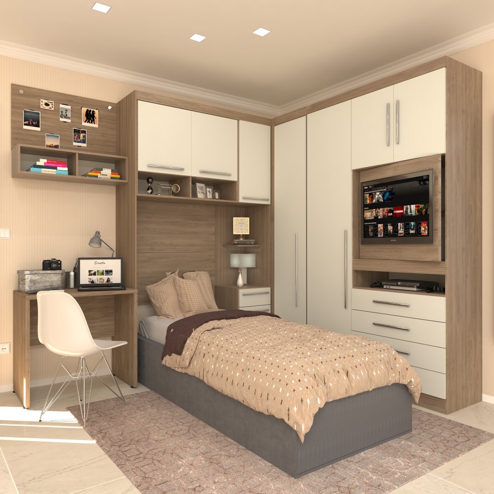 Guarda Roupa Dormitório Modulado Master Solteiro Canto c/ Painel p/ TV Mesa Escrivaninha c/ Nicho - Roupeiro Luciane M04
