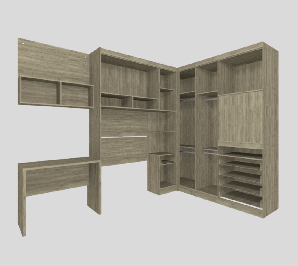 Guarda Roupa Dormitório Modulado Master Solteiro Canto c/ Painel p/ TV Mesa Escrivaninha c/ Nicho - Roupeiro Luciane M04