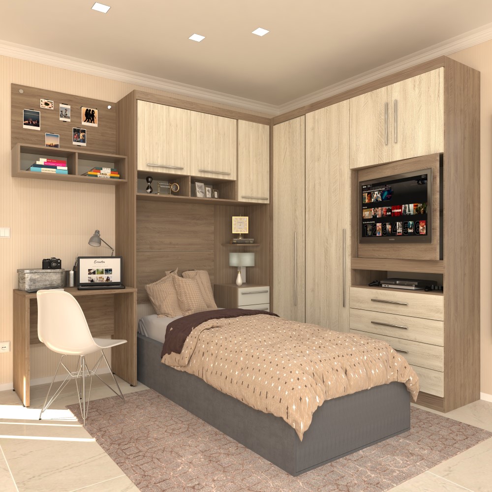 Guarda Roupa Dormitório Modulado Master Solteiro Canto c/ Painel p/ TV Mesa Escrivaninha c/ Nicho - Roupeiro Luciane M04