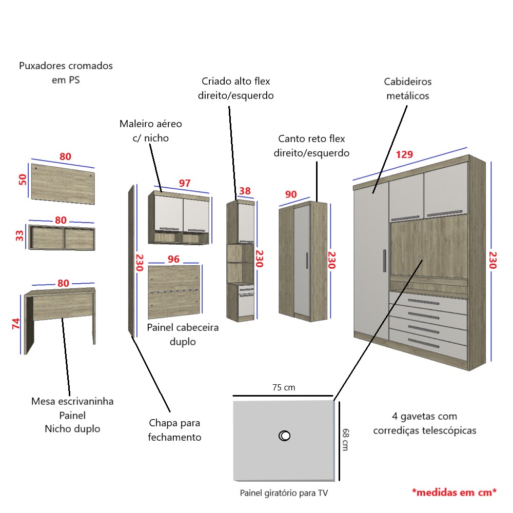 Guarda Roupa Dormitório Modulado Master Solteiro Canto c/ Painel p/ TV Mesa Escrivaninha c/ Nicho - Roupeiro Luciane M04