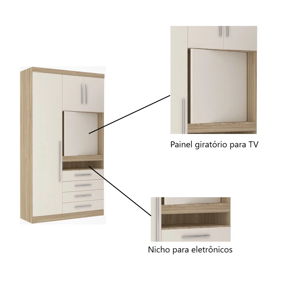 Guarda Roupa Dormitório Modulado Master Solteiro Canto c/ Painel p/ TV Mesa Escrivaninha c/ Nicho - Roupeiro Luciane M04