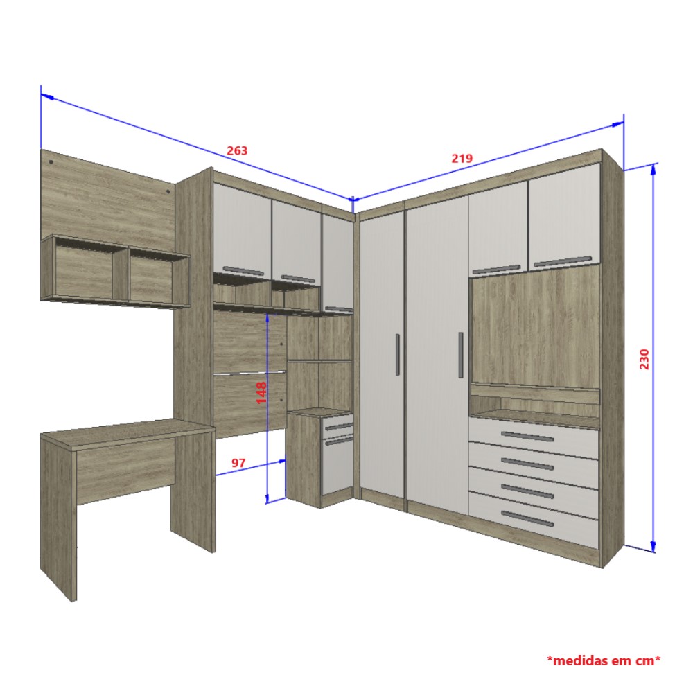 Guarda Roupa Dormitório Modulado Master Solteiro Canto c/ Painel p/ TV Mesa Escrivaninha c/ Nicho - Roupeiro Luciane M04