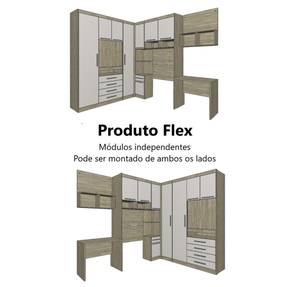 Guarda Roupa Dormitório Modulado Master Solteiro Canto c/ Painel p/ TV Mesa Escrivaninha c/ Nicho - Roupeiro Luciane M04