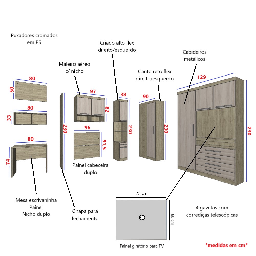Guarda Roupa Dormitório Modulado Master Solteiro Canto c/ Painel p/ TV Mesa Escrivaninha c/ Nicho - Roupeiro Luciane M04