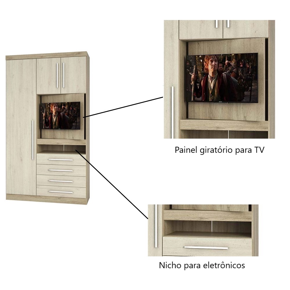 Guarda Roupa Dormitório Modulado Master Solteiro Canto c/ Painel p/ TV Mesa Escrivaninha c/ Nicho - Roupeiro Luciane M04