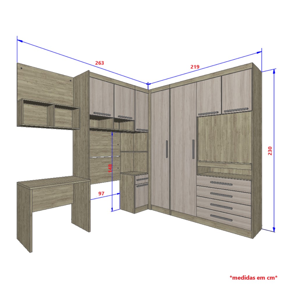 Guarda Roupa Dormitório Modulado Master Solteiro Canto c/ Painel p/ TV Mesa Escrivaninha c/ Nicho - Roupeiro Luciane M04