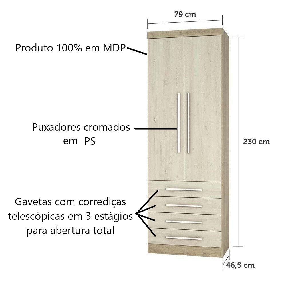 Guarda Roupa Roupeiro Modulado Master 2 Portas 4 Gavetas - Avelã Rústico e Ártico Rústico - Luciane